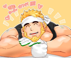 Rule 34 | 1boy, ^ ^, bara, beard, black tank top, blonde hair, character request, closed eyes, closed eyes, facial hair, gloves, headband, highres, kizami nori to yamaimo, large pectorals, live a hero, male focus, mature male, muscular, muscular male, pectorals, short hair, sidepec, solo, tank top, thick eyebrows, translation request, upper body, white gloves