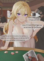 Rule 34 | 1girl, 3others, ahoge, blonde hair, breasts, cleavage, collarbone, dark skin, dress, english text, hand on own hip, highres, large breasts, long hair, looking at viewer, multiple others, people, poker chip, poker table, pov, pov hands, purple eyes, rwby, smile, solo focus, speech bubble, table, very long hair, wangxiii, white dress, yang xiao long