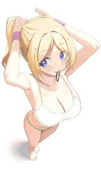 Rule 34 | 1girl, absurdres, aki rosenthal, armpits, biting, blonde hair, blush, breasts, cleavage, collarbone, hair tie in mouth, highres, hololive, large breasts, long hair, mouth hold, parted bangs, ponytail, purple eyes, revision, sidelocks, smile, solo, standing, twin (tt lsh), tying hair, underwear, virtual youtuber, white background, wristband
