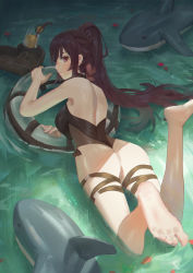 Rule 34 | 1girl, absurdres, ass, back, backless swimsuit, black one-piece swimsuit, breasts, cirilla lin, cup, drinking glass, drinking straw, food, foreshortening, fruit, girls&#039; frontline, highres, inflatable dolphin, inflatable toy, innertube, lemon, lemon slice, long hair, looking at viewer, official alternate costume, one-piece swimsuit, petals, ponytail, purple eyes, purple hair, solo, swim ring, swimsuit, thigh strap, wa2000 (girls&#039; frontline), wa2000 (op. manta ray) (girls&#039; frontline), wading