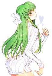 Rule 34 | 1girl, :o, ass, blush, bow, breasts, c.c., code geass, cowboy shot, creayus, from side, green hair, hair bow, heart, leaning forward, long hair, long sleeves, looking to the side, meme attire, nail polish, no pants, open-chest sweater, parted lips, purple nails, ribbed sweater, shiny skin, sideboob, sidelocks, simple background, solo, standing, sweater, teasing, thighs, tsurime, turtleneck, very long hair, white background, white bow, yellow eyes