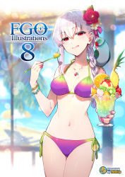 Rule 34 | 1girl, animal, animal on shoulder, beach, bikini, bird, bracelet, braid, braided ponytail, breasts, day, fate/grand order, fate (series), flower, food, fruit, hair flower, hair ornament, highres, hut, jewelry, kama (fate), large breasts, licking lips, multicolored bikini, multicolored clothes, navel, necklace, ocean, palm tree, parfait, parrot, pink ribbon, red eyes, redrop, ribbon, side-tie bikini bottom, solo, spoon, swimsuit, tongue, tongue out, tree