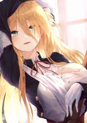 Rule 34 | 1girl, absurdres, blonde hair, blue jacket, bolt action, breasts, commentary, girls&#039; frontline, gloves, green eyes, gun, hair between eyes, hair ribbon, highres, jacket, large breasts, long hair, looking at viewer, m1903 springfield, parted lips, ribbon, rifle, shirt, sidelocks, solo, springfield (girls&#039; frontline), torn clothes, torn shirt, weapon, xeonomi