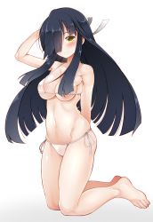 Rule 34 | 10s, 1girl, areola slip, asymmetrical breasts, bikini, black hair, blush, breasts, brown eyes, hair over one eye, hayashimo (kancolle), kantai collection, long hair, looking at viewer, sawamura aoi, smile, solo, swimsuit, very long hair