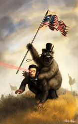 Rule 34 | abraham lincoln, absurdres, all fours, battlefield, bear, epic, eye beam, facial hair, flag, hat, highres, laser, matthew mckeown, monocle, mustache, role reversal, top hat, what