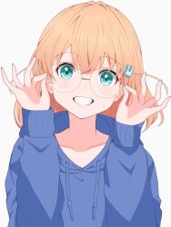 Rule 34 | 1girl, :d, adjusting eyewear, aqua eyes, blue hoodie, collarbone, commentary, crossed bangs, glasses, grin, hair ornament, highres, hinoshita kaho, hood, hoodie, link! like! love live!, long sleeves, looking at viewer, love live!, medium hair, open mouth, orange hair, rabbit hair ornament, round eyewear, simple background, smile, solo, strawberryhat, symbol-only commentary, two side up, upper body, virtual youtuber, white background, yellow-framed eyewear