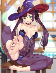 Rule 34 | 1girl, barefoot, clenched teeth, feet, genshin impact, green eyes, hat, highres, long hair, looking at viewer, mona (genshin impact), nail polish, purple hair, soles, table, teeth, toenail polish, toenails, toes, twintails, vibncent, witch hat