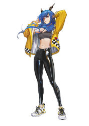 Rule 34 | 1girl, alternate costume, arknights, arms up, bare shoulders, black pants, black shirt, blue hair, breasts, ch&#039;en (arknights), crop top, dragon horns, full body, highres, horns, jacket, latex, latex legwear, latex pants, long hair, long sleeves, looking at viewer, medium breasts, midriff, navel, off shoulder, open clothes, open jacket, pants, red eyes, shiny clothes, shirt, shoes, sidelocks, simple background, skin tight, sleeveless, sleeveless shirt, sneakers, solo, spaghetti strap, standing, stomach, ttk (kirinottk), white background, white footwear, yellow jacket
