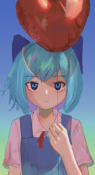 Rule 34 | 1girl, absurdres, balloon, blue bow, blue eyes, blue hair, blue vest, bow, brooch, cirno, collared shirt, commentary, expressionless, gradient background, hair bow, henginnnnnn, highres, holding, holding balloon, jewelry, looking at viewer, neck ribbon, red ribbon, ribbon, ring, shirt, short hair, short sleeves, solo, touhou, upper body, vest, white shirt