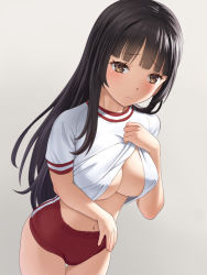 Rule 34 | 1girl, black hair, breasts, brown eyes, buruma, closed mouth, clothes lift, commentary request, gradient background, grey background, gym uniform, highres, long hair, looking at viewer, meow (nekodenki), navel, original, red buruma, shirt, shirt lift, short sleeves, solo, underboob, white shirt