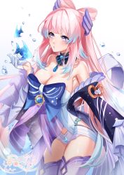Rule 34 | 1girl, armpits, artist logo, bare shoulders, blue background, blue bow, blue gemstone, blue hair, blush, bow, bow-shaped hair, breasts, cain art811, cleavage, commentary, cowboy shot, detached collar, detached sleeves, dress, eyelashes, fish, frilled sleeves, frills, gem, genshin impact, glint, gloves, gradient background, gradient hair, half-closed eyes, highres, horns, jewelry, large bow, large breasts, lips, long hair, micro shorts, multicolored hair, off-shoulder dress, off shoulder, parted lips, pendant, pink hair, purple eyes, purple thighhighs, sangonomiya kokomi, shorts, sidelocks, solo, standing, thick eyebrows, thighhighs, thighs, two-tone hair, vision (genshin impact), water drop, white gloves, white shorts, wide sleeves
