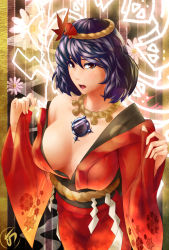 Rule 34 | 1girl, bad id, bad pixiv id, blue hair, breasts, brown eyes, cleavage, female focus, flower, japanese clothes, large breasts, noname (metaldragonfly), short hair, solo, touhou, yasaka kanako, йoname