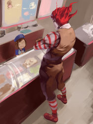 Rule 34 | 1boy, 1girl, asutora, brown hair, brown pants, brown vest, commentary request, crossed arms, dio brando, dio brando&#039;s pose (jojo), hat, highres, indoors, jojo pose, mcdonald&#039;s, muscular, open mouth, pants, red footwear, red hair, ronald mcdonald, scared, shoes, socks, standing, striped clothes, striped legwear, striped socks, tearing up, vest, wide-eyed, yellow eyes