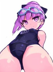 Rule 34 | 1girl, bare shoulders, breasts, closed mouth, fate/grand order, fate (series), goggles, goggles on head, hair ornament, helena blavatsky (fate), karukan (monjya), looking at viewer, lowres, one-piece swimsuit, purple eyes, purple hair, short hair, simple background, small breasts, smile, solo, swimsuit, white background