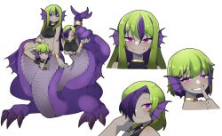 Rule 34 | 1girl, 3girls, claws, conjoined, dragon girl, green hair, grin, hair over one eye, highres, lamia, long hair, looking at viewer, monster girl, multicolored hair, multiple girls, purple eyes, purple hair, short hair, smile, teeth