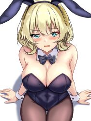 Rule 34 | 1girl, animal ears, bare shoulders, black bow, black bowtie, black leotard, blonde hair, blue eyes, blush, bow, bowtie, braid, breasts, brown pantyhose, check commentary, colorado (kancolle), commentary request, covered navel, detached collar, fake animal ears, highres, kantai collection, large breasts, leotard, looking at viewer, montemasa, open mouth, pantyhose, playboy bunny, rabbit ears, shadow, short hair, side braids, sitting, smile, solo, strapless, strapless leotard, traditional bowtie, white background, wrist cuffs