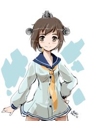 Rule 34 | 10s, 1girl, 2016, 4suke, brown eyes, brown hair, buttons, closed mouth, collarbone, dated, dress, flat chest, hair ornament, hand on own hip, kantai collection, long sleeves, looking at viewer, matching hair/eyes, megaphone, neckerchief, sailor collar, sailor dress, short dress, short hair, simple background, smile, solo, standing, white background, white dress, yukikaze (kancolle)