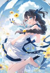 Rule 34 | 1girl, :d, bare arms, bare shoulders, barefoot, black bow, black sailor collar, blue eyes, blue sky, blush, bow, braid, breasts, cloud, commentary request, dress, feet, floating hair, flower, foot out of frame, hair between eyes, hair bow, hair flower, hair ornament, highres, long hair, looking at viewer, looking to the side, low twintails, mochizuki shiina, open mouth, original, petals, sailor collar, sailor dress, sky, sleeveless, sleeveless dress, small breasts, smile, soles, solo, standing, standing on one leg, striped, striped bow, toes, twin braids, twintails, very long hair, white dress, yellow flower