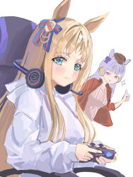 Rule 34 | 2girls, absurdres, animal ears, blue eyes, blush, bow, breasts, brown hair, brown headwear, closed mouth, commentary request, controller, ear bow, gold ship (umamusume), grass wonder (umamusume), grey hair, grey hoodie, grin, highres, holding, holding controller, hood, hood down, hoodie, horse ears, horse girl, long hair, long sleeves, looking at viewer, medium breasts, multicolored hair, multiple girls, pakatube, pillbox hat, purple bow, simple background, sitting, smile, sparkle, streaked hair, striped, striped bow, thumbs up, tsurubami (gaad5227), umamusume, white background, white hair