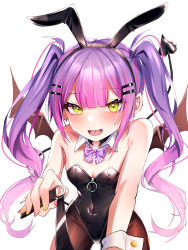 Rule 34 | 1girl, absurdres, animal ears, bare shoulders, bow, bowtie, bu leike, choker, demon tail, demon wings, ear piercing, earrings, fake animal ears, green eyes, hair ornament, hairclip, highres, hololive, jewelry, leotard, long hair, open mouth, pantyhose, piercing, playboy bunny, purple hair, rabbit ears, simple background, smile, solo, tail, tail ornament, tail piercing, tokoyami towa, twintails, virtual youtuber, white background, wings