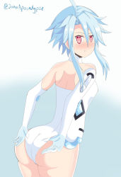 Rule 34 | 1girl, adjusting clothes, ahoge, ass, bare shoulders, blue hair, blush, breasts, elbow gloves, from behind, gloves, highres, huge ass, john apocalypse, leotard, looking at viewer, neptune (series), pout, red eyes, shiny skin, short hair with long locks, sideboob, solo, white heart (neptunia)