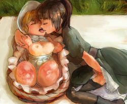Rule 34 | 2girls, 6066, amputee, armpits, basket, blonde hair, bonnet, bottomless, bow, breasts, breasts out, brown hair, closed eyes, dress, female masturbation, fingering, framed breasts, frills, from above, full body, grass, hug, in basket, in container, kiss, long hair, masturbation, multiple girls, nipples, picnic basket, ponytail, quadruple amputee, scar, short hair, skirt, small breasts, thighhighs, yuri