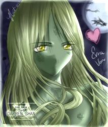 Rule 34 | 1boy, colored skin, evra von, green eyes, green hair, green skin, heart, long hair, lowres, male focus, matching hair/eyes, moon, outdoors, scales, sky, snake, solo, the saga of darren shan, upper body