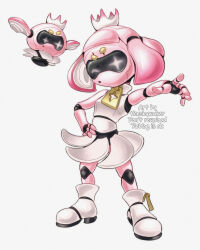 Rule 34 | 1girl, commentary, crown, drone, dual persona, english commentary, floating, hand on own hip, humanoid robot, joints, medium hair, mole, mole under eye, nintendo, non-humanoid robot, one eye closed, outstretched arm, pearl (splatoon), pearl drone (splatoon), pink hair, pointing, robot, simple background, splatoon (series), splatoon 3, splatoon 3: side order, theskywaker, white background, white footwear