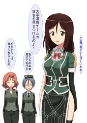 Rule 34 | ..., 10s, 3girls, azumi (girls und panzer), black eyes, black gloves, bow, bowtie, breasts, brown hair, chikuma (kancolle), chikuma (kancolle) (cosplay), closed eyes, commentary request, cosplay, elbow gloves, emblem, eyebrows, girls und panzer, glasses, gloves, hat, hiromon, kantai collection, large breasts, long sleeves, megumi (girls und panzer), military, military hat, military uniform, multiple girls, open mouth, orange hair, purple hair, rumi (girls und panzer), selection university military uniform, short hair, simple background, single elbow glove, single thighhigh, speech bubble, spoken ellipsis, thighhighs, translation request, uniform, white background