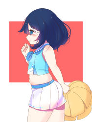 Rule 34 | 1girl, arm behind back, arm up, bare shoulders, blue eyes, blue neckerchief, blue skirt, blush, border, cheerleader, closed mouth, commentary request, crop top, hair between eyes, highres, holding, horoyuki (gumizoku), medium hair, midriff, neckerchief, original, outside border, pleated skirt, pom pom (cheerleading), profile, red background, sailor collar, shadow, simple background, skirt, sleeveless, smile, solo, tareme, thick thighs, thighs, white border, white skirt