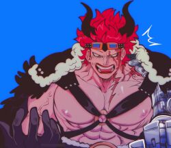 Rule 34 | 1boy, abs, bara, bare pectorals, cowboy shot, eustass kid, goggles, goggles on head, hand up, highres, horns, large pectorals, male focus, muscular, muscular male, nipples, o-ring, o-ring top, official alternate costume, one piece, pectorals, percivore, red hair, scar, short hair, solo, strongman waist, upper body