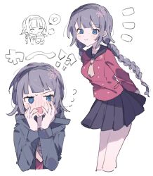 Rule 34 | 1girl, @ @, arms behind back, black skirt, black socks, blue eyes, blunt bangs, blush, braid, breasts, chibi, closed eyes, closed mouth, coat, commentary, cropped legs, cropped torso, doodle inset, eating, embarrassed, flower, flying sweatdrops, grey coat, grey hair, grey hairband, hair flower, hair ornament, hairband, hands up, highres, hwr33m, kurumi wendy, long sleeves, looking at viewer, looking to the side, master detective archives: rain code, multiple views, neckerchief, open mouth, pleated skirt, red shirt, school uniform, serafuku, shirt, skirt, small breasts, smile, socks, standing, twin braids, white background, yellow neckerchief