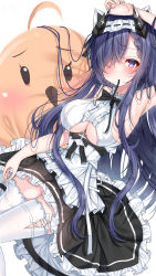 Rule 34 | 1girl, apron, armpits, august von parseval (azur lane), august von parseval (the conquered unhulde) (azur lane), azur lane, bare shoulders, black dress, clothing cutout, cross-laced clothes, cross-laced dress, curled horns, dress, hair over one eye, highres, horns, long hair, looking at viewer, manjuu (azur lane), mechanical horns, mouth hold, official alternate costume, purple eyes, purple hair, ribbon, ribbon in mouth, sleeveless, sleeveless dress, solo, thighhighs, two-tone dress, underboob cutout, very long hair, white apron, white dress, white thighhighs, xianyuus nw