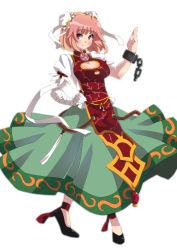 Rule 34 | 1girl, absurdres, adapted costume, bandages, blush, breasts, chinese clothes, cleavage, cleavage cutout, clothing cutout, cuffs, double bun, dress, embroidery, female focus, flower, full body, hair bun, hand on own hip, highres, ibaraki kasen, large breasts, makai, rose, short hair, simple background, slippers, smile, solo, tabard, touhou