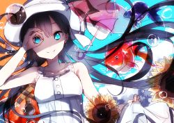 Rule 34 | 1girl, arm up, bad id, bad pixiv id, black hair, blue eyes, bubble, closed mouth, collarbone, dress, flower, gesture, hat, highres, hiiragi fuyuki, holding, holding clothes, holding dress, koi, long hair, looking at viewer, original, smile, solo, sun hat, sundress, sunflower, white hat