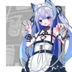 Rule 34 | 1girl, animal ears, apron, arm piercing, arm ribbon, armband, barbell piercing, belt, black ribbon, blue hair, blush, can, chain, collar, corset, corset piercing, ear piercing, extra ears, flat chest, forked tongue, fox shadow puppet, frilled apron, frills, highres, holding, holding can, industrial piercing, long hair, looking at viewer, maid, maid headdress, original, piercing, product placement, red eyes, red nails, ribbon, sarla, strong zero, tongue, two side up, waist apron, white corset