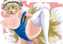 Rule 34 | 1girl, blonde hair, breasts, breasts out, censored, clothing aside, fox tail, hat, highleg, huge breasts, leg lift, multiple tails, nipples, one-piece swimsuit, open mouth, penis, puffy nipples, pussy, sex, short hair, spread legs, swimsuit, swimsuit aside, tail, thighhighs, touhou, urx ura, vaginal, white thighhighs, yakumo ran, yellow eyes