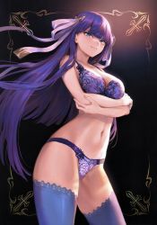 Rule 34 | 1girl, absurdres, bare shoulders, blue bra, blue eyes, blue panties, blue thighhighs, blunt bangs, blush, bra, breasts, cleavage, closed mouth, crossed arms, fate/grand order, fate (series), gradient background, hair ribbon, highres, large breasts, lingerie, long hair, looking at viewer, martha (fate), mashuu (neko no oyashiro), navel, panties, purple hair, ribbon, scan, smile, solo, straight hair, thighhighs, thighs, underwear, underwear only, white ribbon