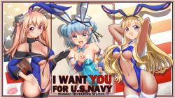 Rule 34 | 3girls, adapted costume, alternate costume, american flag, animal ears, aqua hair, arm up, armpits, arms behind head, arms up, artist logo, bare shoulders, black gloves, black legwear, blonde hair, blue eyes, blue leotard, blue neckwear, blush, bow, bowtie, breasts, brown eyes, cleavage, commentary request, dated, detached collar, detached sleeves, dixie cup hat, double bun, fake animal ears, fang, fishnet legwear, fishnets, flag background, fletcher (kancolle), gloves, hand on own hip, hat, highres, i want you, johnston (kancolle), kantai collection, large breasts, leotard, light brown hair, long hair, looking at viewer, medium breasts, military hat, moke ro, multiple girls, navel, open mouth, pantyhose, playboy bunny, pointing, pointing at viewer, rabbit ears, rabbit tail, samuel b. roberts (kancolle), see-through, see-through sleeves, short hair, signature, simple background, single glove, star (symbol), strapless, strapless leotard, tail, thighhighs, two side up