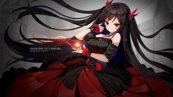 Rule 34 | 1girl, artist name, bare shoulders, black dress, black hair, blurry, blurry background, breasts, circle skirt, corset, detached sleeves, dress, floating hair, grin, hair ribbon, hand up, highres, kurotobi rarumu, light particles, long hair, looking at viewer, magic, medium breasts, multicolored clothes, multicolored dress, original, red dress, red eyes, red ribbon, ribbon, sidelocks, smile, solo, standing, two side up, very long hair, wind, wrist cuffs