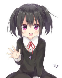 Rule 34 | 1girl, :d, aged down, amano kouki, black dress, black hair, blush, buttons, collared shirt, cross, cross necklace, dress, eyebrows, glint, highres, jewelry, long sleeves, looking at viewer, necklace, note-chan, open mouth, original, pink eyes, red ribbon, ribbon, round teeth, shirt, short hair, short twintails, simple background, sleeve cuffs, smile, solo, tareme, teeth, twintails, upper body, waving, white background, white shirt