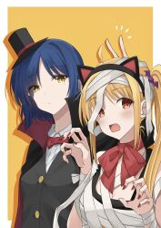 2girls alternate_breast_size animal_ear_hairband animal_ears bandaged_chest bandaged_head bandages black_cape black_hat black_vest blonde_hair blue_hair blush border bow bow_choker bowtie breasts bunny_ears_prank cape cat_ear_hairband cat_ears choker claw_pose cleavage collared_cape collared_shirt commentary dot_nose dress_shirt drop_shadow fake_animal_ears fang hair_over_one_eye hairband halloween hat highres ijichi_nijika kanaria_hisagi long_hair medium_breasts mini_hat mole mole_under_eye multiple_girls mummy_costume nail_polish open_mouth outside_border parted_bangs red_bow red_bowtie red_choker red_eyes red_nails shirt side_ponytail sidelocks simple_background tilted_hat top_hat vest white_border white_shirt yamada_ryo yellow_background yellow_eyes