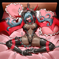 Rule 34 | 1girl, absurdres, anchor symbol, ankle cuffs, arms up, azur lane, ball gag, bdsm, black gloves, black leotard, black thighhighs, blue hair, blush, bodystocking, bondage, bound, bound legs, breasts, chain, chinese commentary, cleavage, collar, commentary request, covered navel, cross, cuffs, dragon girl, dragon horns, dragon tail, dragon wings, elbow gloves, full body, gag, gloves, hair between eyes, handcuffs, heart, highres, horns, iron cross, large breasts, leotard, long hair, looking at viewer, mechanical horns, mechanical tail, mihua mh, on bed, pillow, pointy ears, red collar, regensburg (azur lane), restrained, see-through, see-through cleavage, shadow, sidelocks, skindentation, slave, solo, spoken heart, spread legs, tail, thighhighs, twintails, wiffle gag, wings, yellow eyes