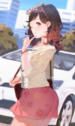 Rule 34 | 1girl, ass, bag, bracelet, brown eyes, brown hair, car, day, ekao, eyebrows, eyewear on head, female focus, futagawa mimi, grin, handbag, heart, heart necklace, jewelry, lips, long hair, looking at viewer, miniskirt, mole, mole under mouth, motor vehicle, necklace, one eye closed, outdoors, parted lips, skirt, sleeves rolled up, smile, solo, sunglasses, sunglasses on head, tokyo 7th sisters, toyota, toyota prius, vehicle, wink