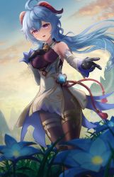 Rule 34 | 1girl, absurdres, ahoge, bare shoulders, bell, black gloves, blue hair, breasts, cloud, cloudy sky, coppelion1991, cowbell, detached sleeves, flower, ganyu (genshin impact), genshin impact, gloves, goat horns, grass, highres, horns, long hair, looking at viewer, medium breasts, mountain, neck bell, open mouth, outstretched hand, purple eyes, sky, smile, solo, tassel, thighs, vision (genshin impact)