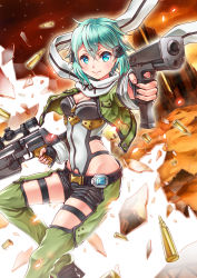 Rule 34 | 1girl, absurdres, aqua hair, bad id, bad pixiv id, bare hips, black shorts, blue eyes, breasts, bullet, cleavage, dual wielding, garter straps, green jacket, green thighhighs, gun, hair between eyes, hair ornament, hairclip, highres, holding, holding gun, holding weapon, jacket, leotard, long sleeves, looking at viewer, medium breasts, open clothes, open jacket, rifle, scarf, sho (sumika), short hair, short shorts, shorts, sinon, smile, solo, sword art online, thighhighs, weapon, white scarf