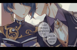 Rule 34 | 2boys, black hair, blue hair, blurry, blurry background, blurry foreground, book, brown hair, chinese clothes, collar, collared shirt, earrings, english text, ethylene ty, formal, frilled collar, frills, genshin impact, highres, holding, holding book, jacket, jewelry, letterboxed, long hair, male focus, multicolored hair, multiple boys, necktie, no eyes, open book, open mouth, ponytail, shirt, short hair, simple background, single earring, speech bubble, suit, trap, whispering, xingqiu (genshin impact), zhongli (genshin impact)