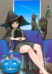 Rule 34 | absurdres, barefoot, black cat, black hair, blunt bangs, broom, cat, chito (flying witch), flying witch, green eyes, hat, highres, ishizuka chihiro, jack-o&#039;-lantern, kowata makoto, mandrake, multiple girls, official art, pumpkin, smile, solo, witch hat