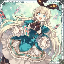 Rule 34 | 1girl, alice (grimms echoes), black ribbon, blonde hair, blue dress, blue eyes, blush, card, commentary, cowboy shot, dress, frills, from below, grimms echoes, hair between eyes, hair ribbon, long hair, long sleeves, looking at viewer, open mouth, outdoors, puffy sleeves, ribbon, round teeth, shibano kaito, solo, teeth, very long hair