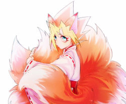Rule 34 | 1boy, animal ears, blonde hair, blue eyes, drinkdrink, dyed bangs, facepaint, facial mark, fox boy, fox ears, fox tail, from side, hakama, hugging own tail, hugging tail, japanese clothes, kemonomimi mode, long sleeves, male focus, multicolored hair, multiple tails, muto yugi, orange hair, outstretched arms, red hakama, ribbon-trimmed sleeves, ribbon trim, short hair, simple background, spiked hair, tail, two-tone hair, white background, wide sleeves, yu-gi-oh!, yu-gi-oh! duel monsters